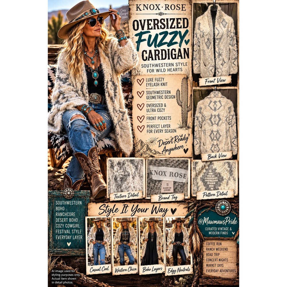 Knox Rose Oversized Fuzzy Cardigan S Southwestern Western Boho Cowgirl Duster